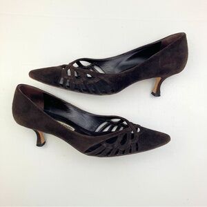 Manolo Blahnik Suede Cutout Kitten Heel Pumps